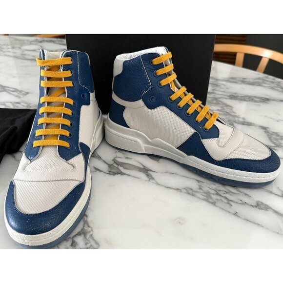 YSL SAINT LAURENT 610618 SL24 LEATHER SNEAKERS MID TOP WHITE BLUE SZ 41 - Picture 9 of 10